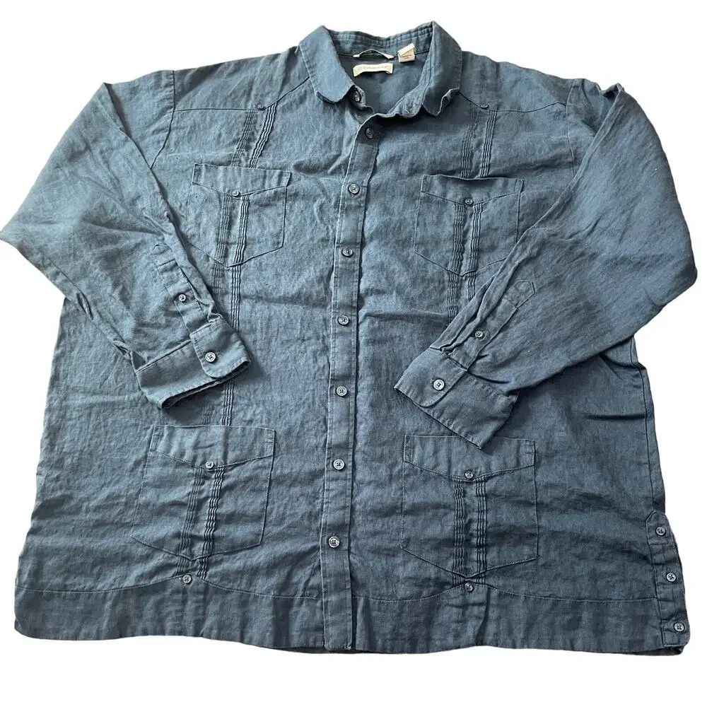 Cubavera Linen SZ 2X Dark Blue Men Long Sleeve Shirt Button Down Collared Causal